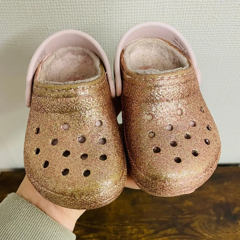 Crocs Classic Lined Clogs Rose Gold Glitter Sparkly Kids Size C7 Glittercore